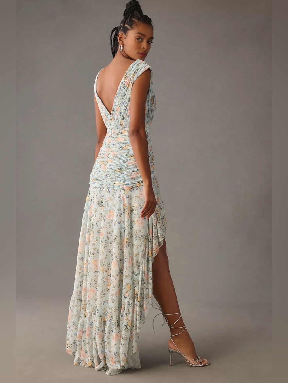 MAC DUGGAL
Ruched Floral Cap-Sleeve High-Low Gown